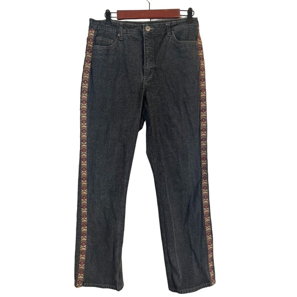 Coldwater Creek Jean 12 Black Denim Wide Leg Western Aztec Cowgirl Braid Hippie